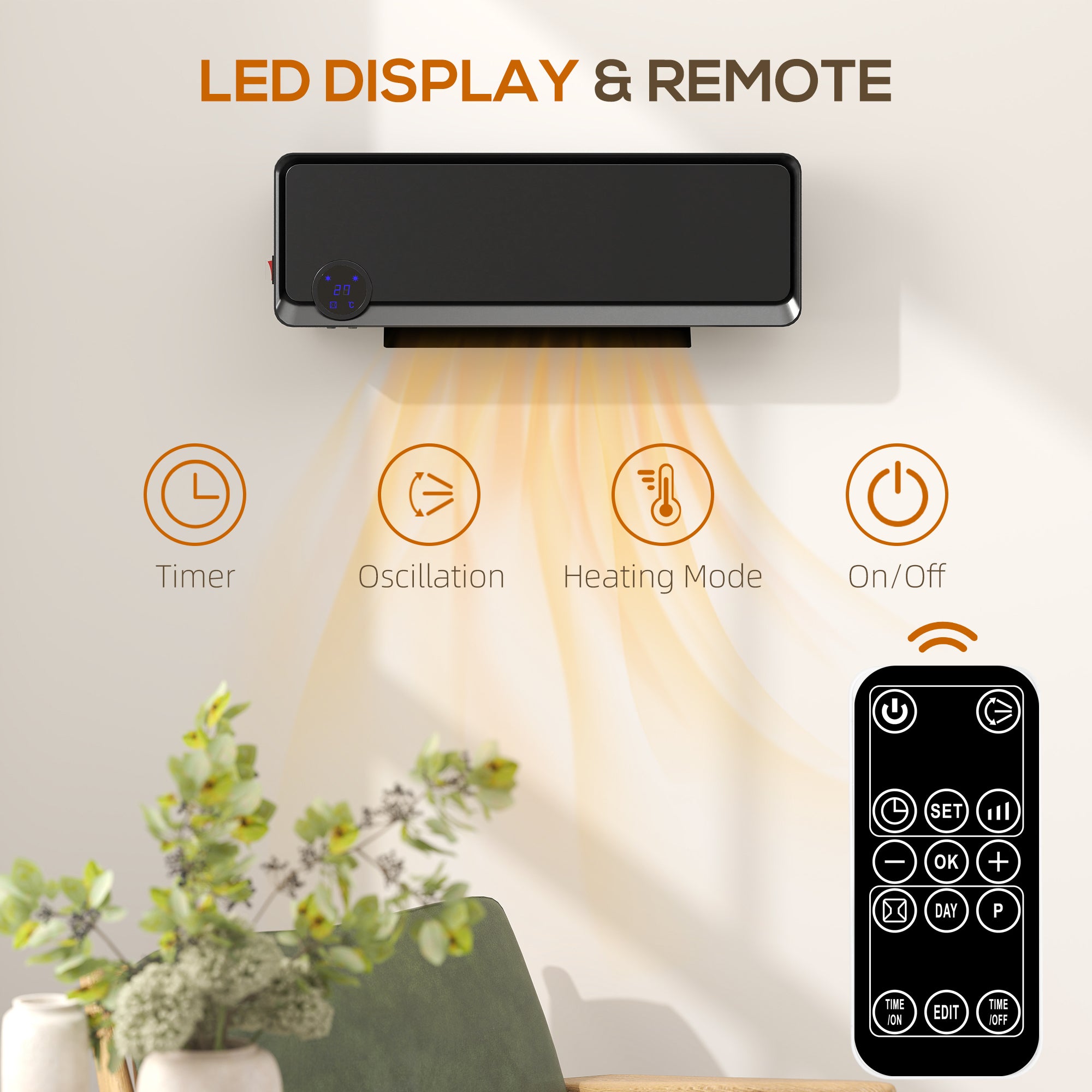 Fynco - Wall Downflow Heater 2 Heat and Fan 1000W/2000W, Electric Space Heater with Timer Remote Oscillating, for Bedroom Home Office, Black