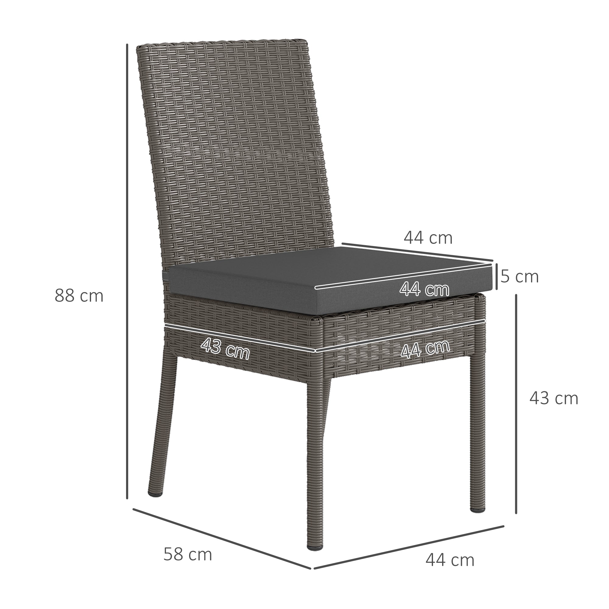 Set of Four Armless Rattan Garden Chairs - Dark Grey