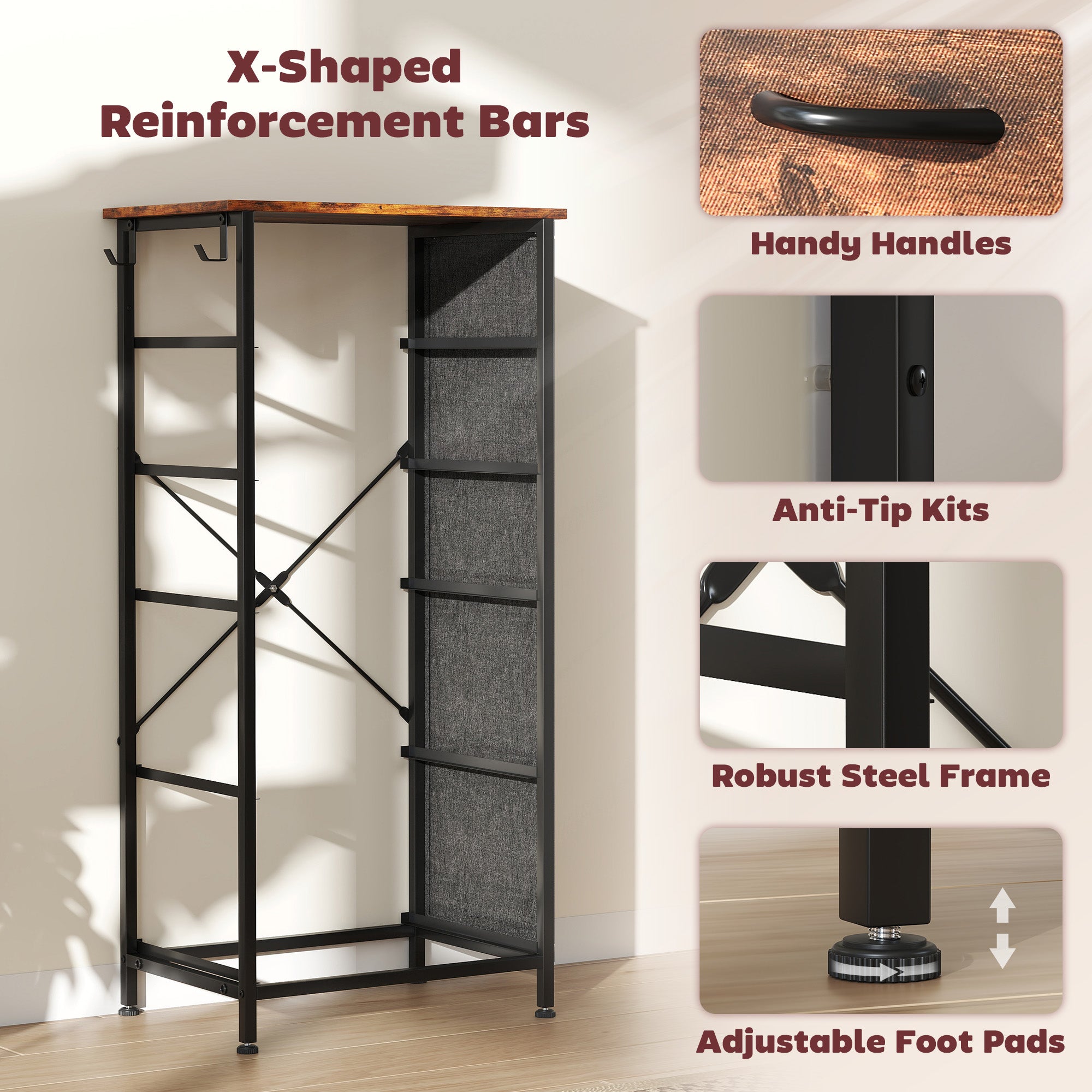 Chest of Five Fabric Drawers - Rustic Brown