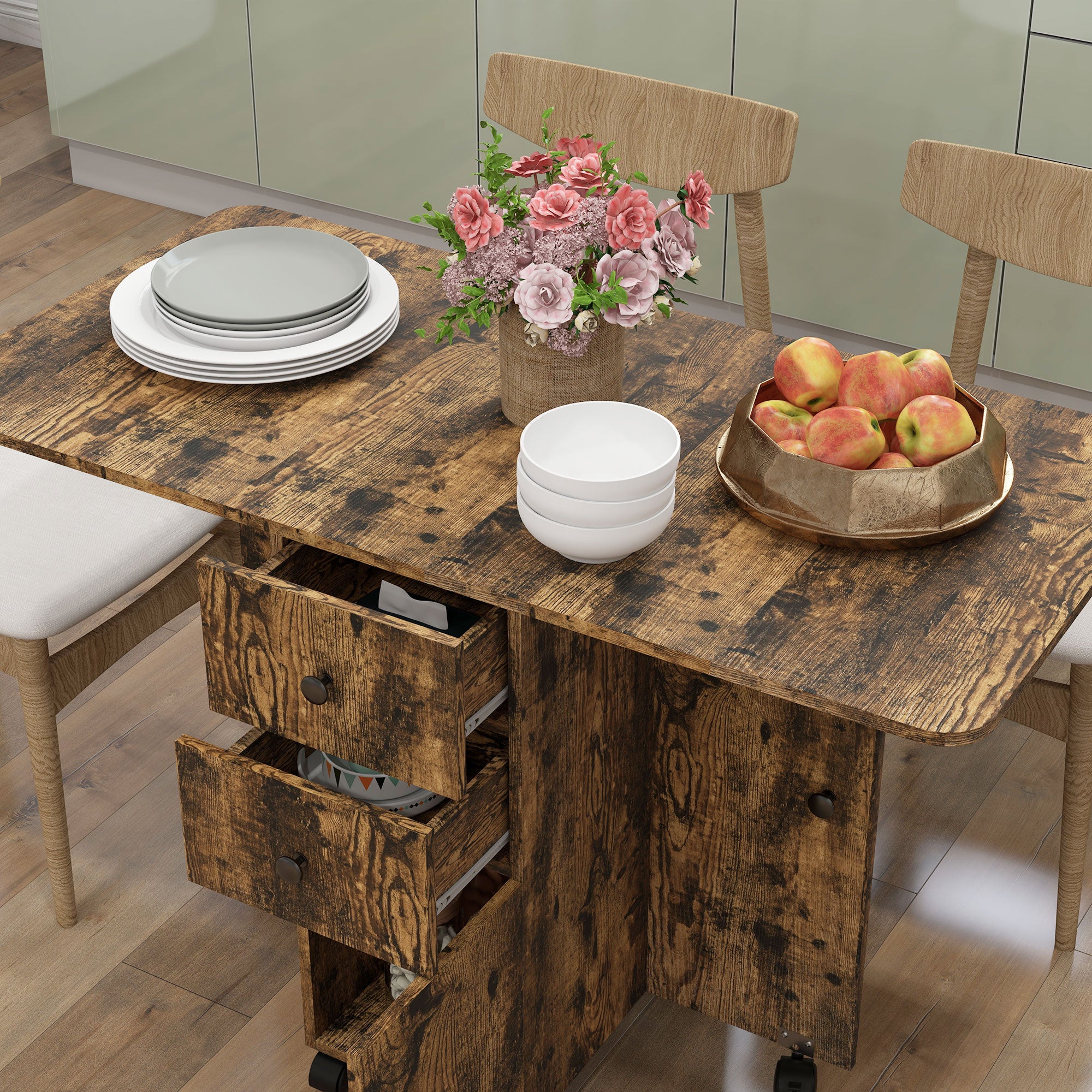 Multi-Storage Six-Person Drop Leaf Dining Table - Rustic Brown