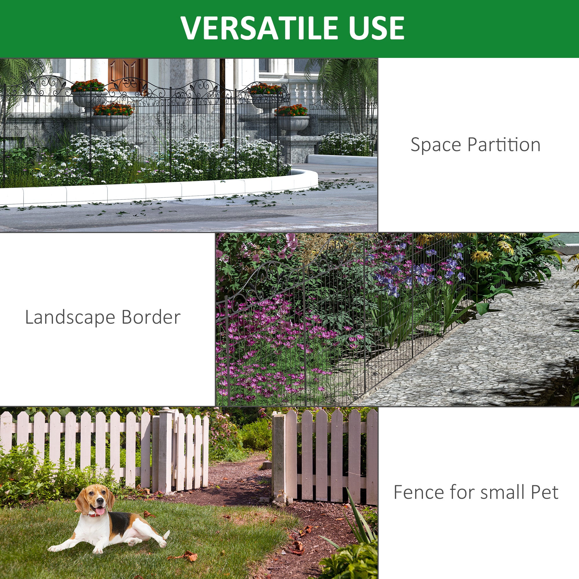 Fynco - Set of 2 Decorative Garden Fence, 8 Panels Metal Picket Fence, Versatile Shapes for Patio Lawn, 365cm x 112cm, Black