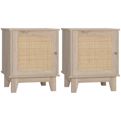 Bedside Table, Bedside Cabinet with Storage Cupboard, Side End Table with Rattan Element for Living Room, Bedroom, Set of 2, Natural