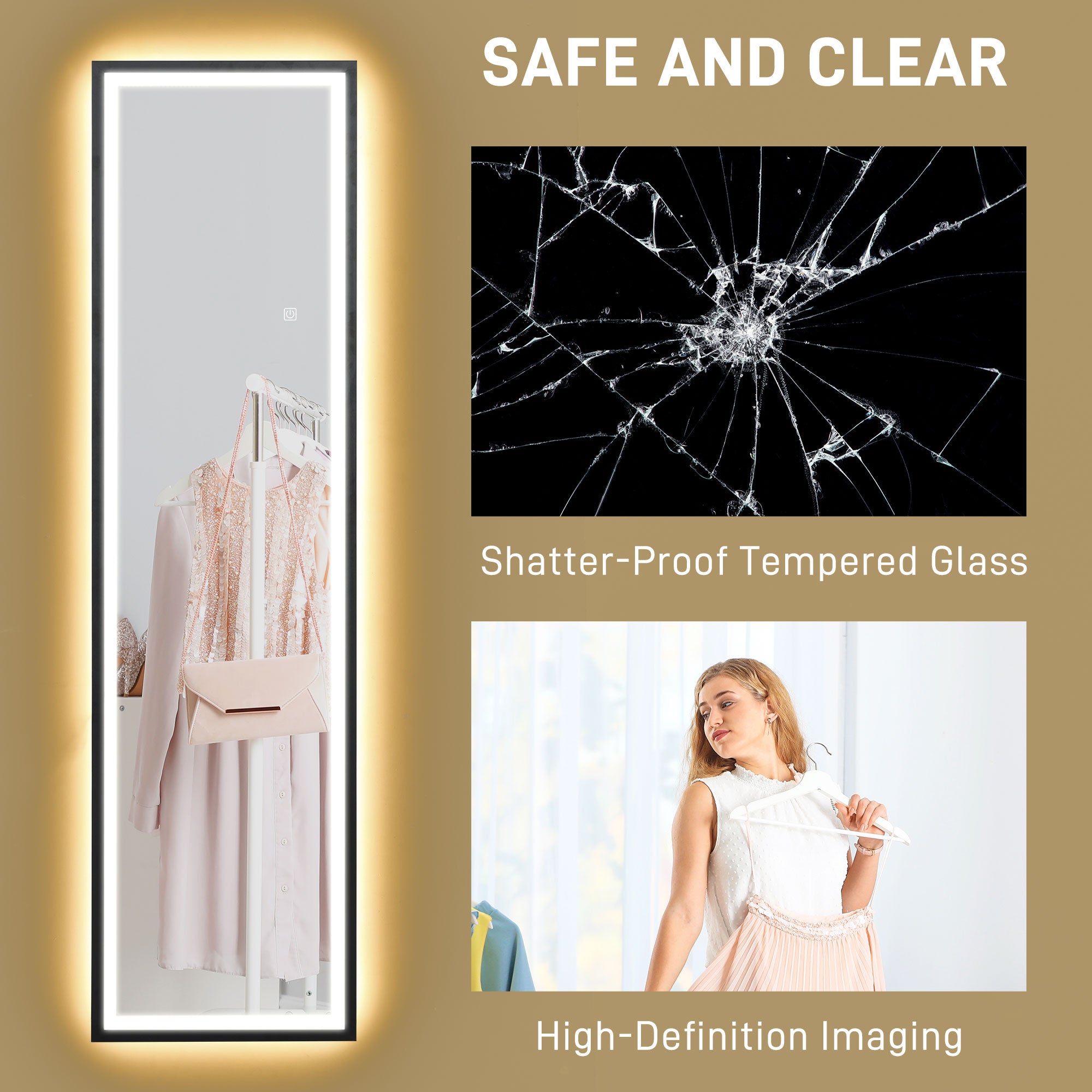 150 x 40cm Full Length Mirror, with Adjustable Lights - Black