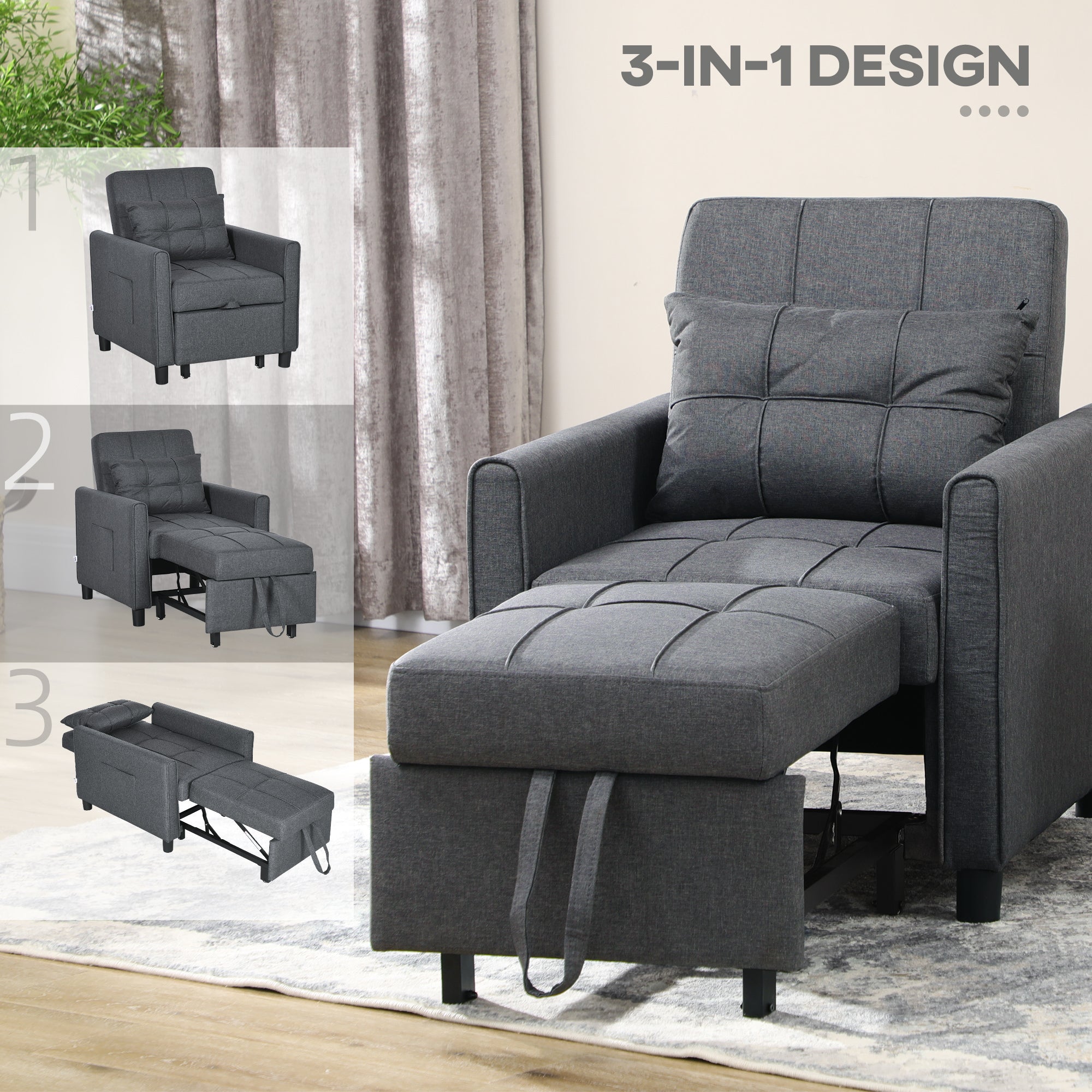 Linen-Look Single Chair Bed - Grey