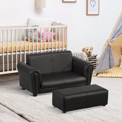 Kids Sofa Bed Kids Twin Sofa Toddler Chair 2 Seater Kids Twin Sofa Chair Boys Girls Couch w/ Footstool (Black)