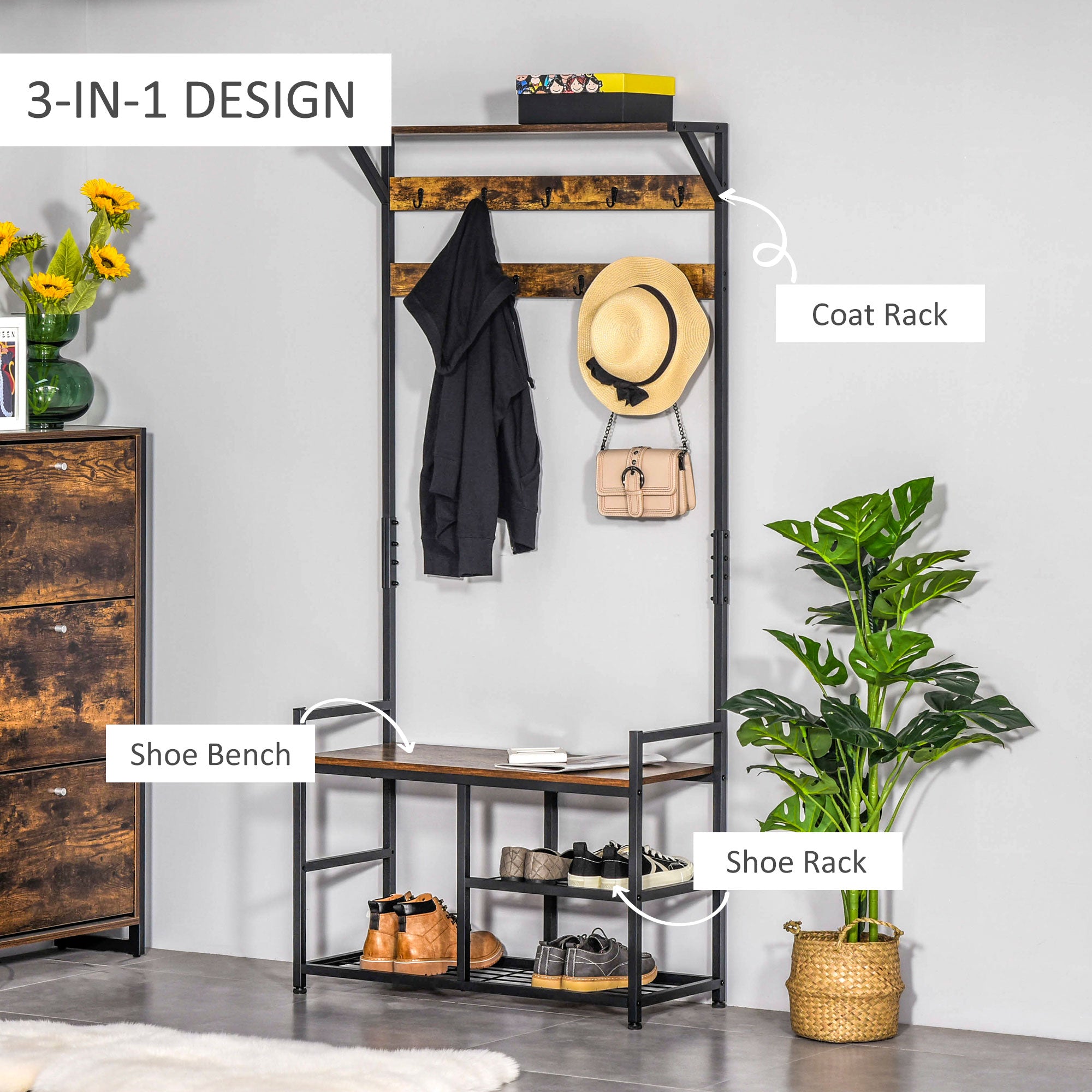 Coat Rack Stand Shoe Storage Bench with 9 Hooks Shelves for Bedroom Living Room Entryway Brown and Black 180cm