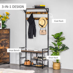Coat Rack Stand Shoe Storage Bench with 9 Hooks Shelves for Bedroom Living Room Entryway Brown and Black 180cm