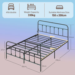 King Bed Frame with LED Lights and Charging Station, Metal Platform Bed Frame with Under Bed Storage, Black