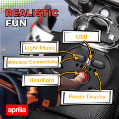 AIYAPLAY 12V Aprilia Licensed Kids Motorbike with Training Wheels, Spring Suspension, LED Headlight, USB, Music, Red/Black