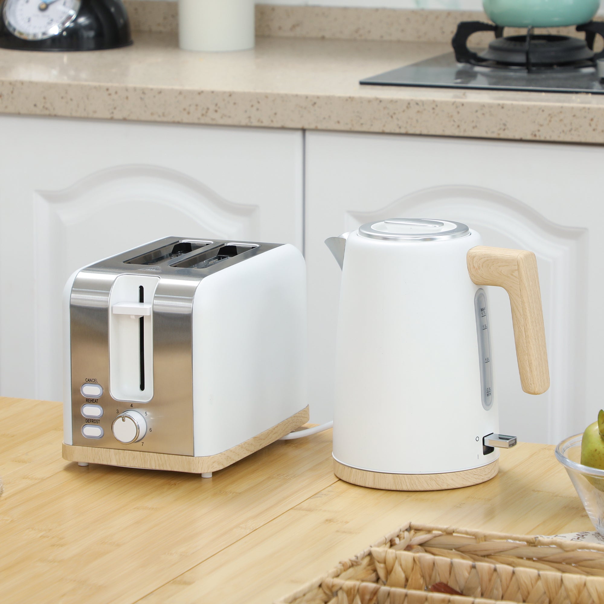 Kettle and Toaster Set, 1.7L 3000W Fast Boil Kettle & 2 Slice Toaster Kitchen Set with 7 Level Browning Controls, Defrost, Reheat, Auto Off, Boil-dry Protection, White