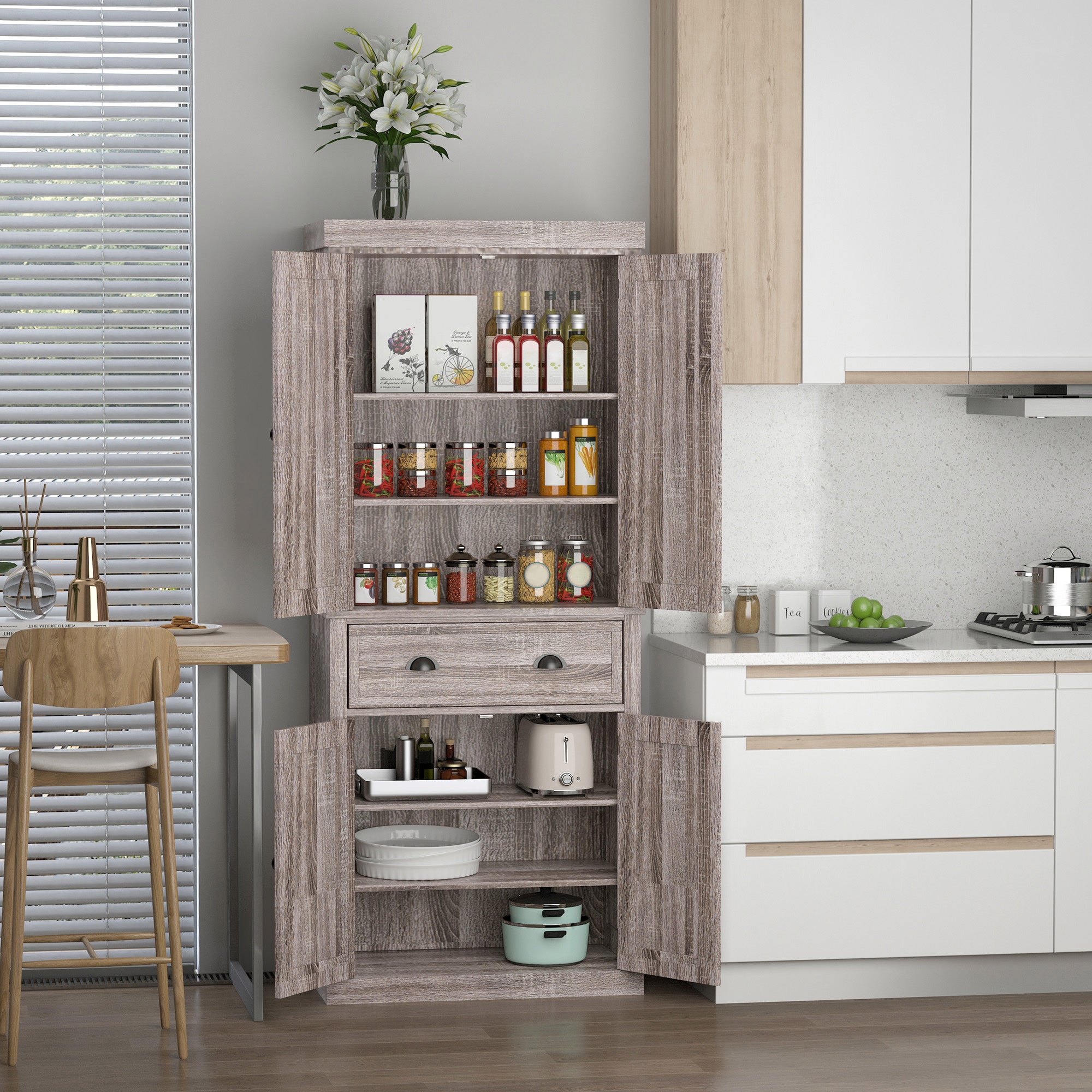 Freestanding Kitchen Cupboard, 184cm Tall Storage Cabinet with Doors and Shelves, Traditional Colonial 4-Door Kitchen Pantry Cupboard with Drawer, Dark Wood Grain