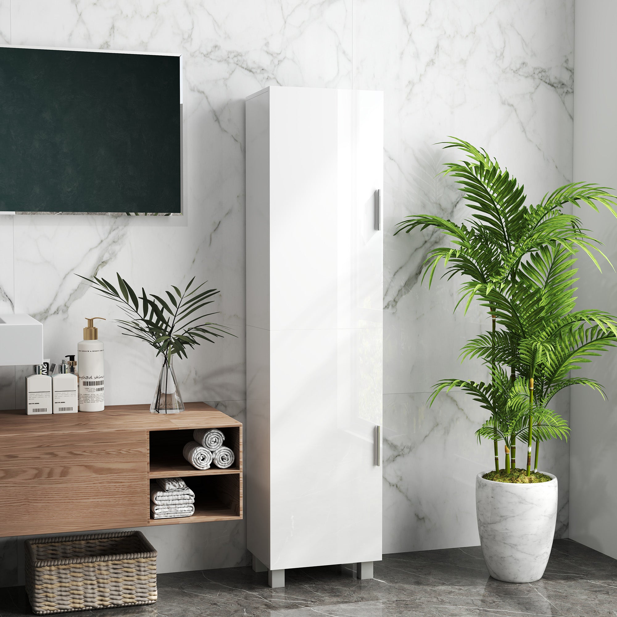 Fynco - Tall Bathroom Cabinet, Freestanding Bathroom Cabinet with Adjustable Shelves and Double Doors