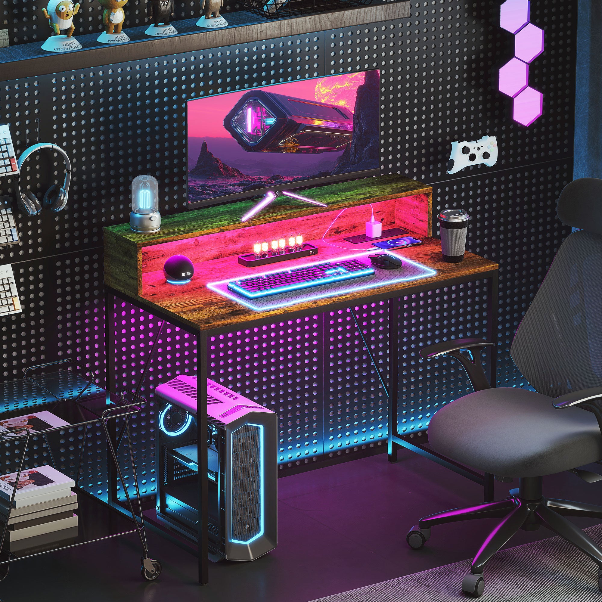 100cm Computer Desk with LED Lights and Power Outlets, Gaming Desk with Monitor Stand, Computer Table with Remote for Home Office Study, Rustic Brown