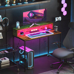 100cm Computer Desk with LED Lights and Power Outlets, Gaming Desk with Monitor Stand, Computer Table with Remote for Home Office Study, Rustic Brown