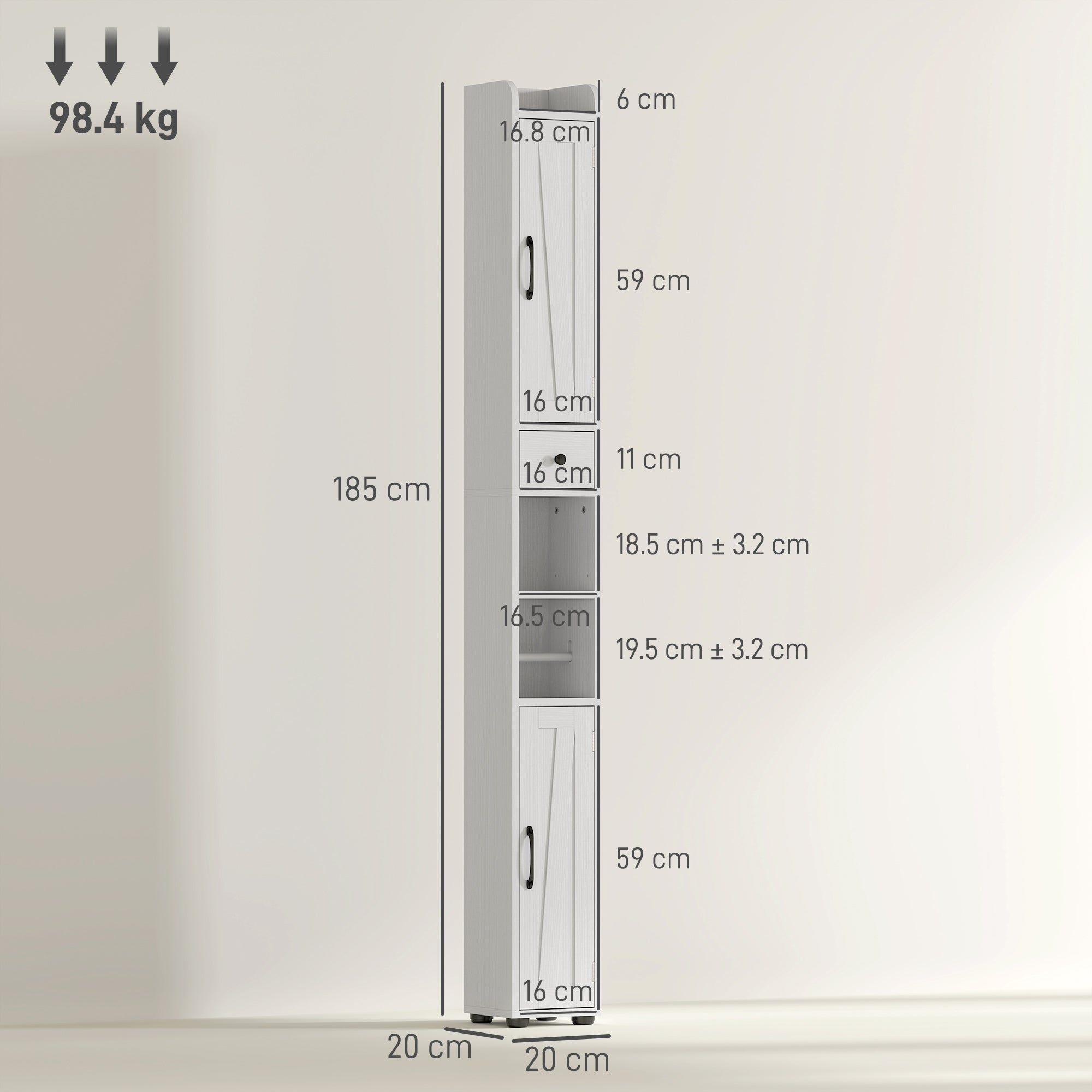 Fynco - Tall Bathroom Cabinet, Farmhouse Slim Bathroom Storage Cabinet with Barn Doors, Toilet Paper Roll Holder, Drawer and Adjustable Shelves, Narrow Bathroom Storage Unit, 20 x 20 x 185cm, White
