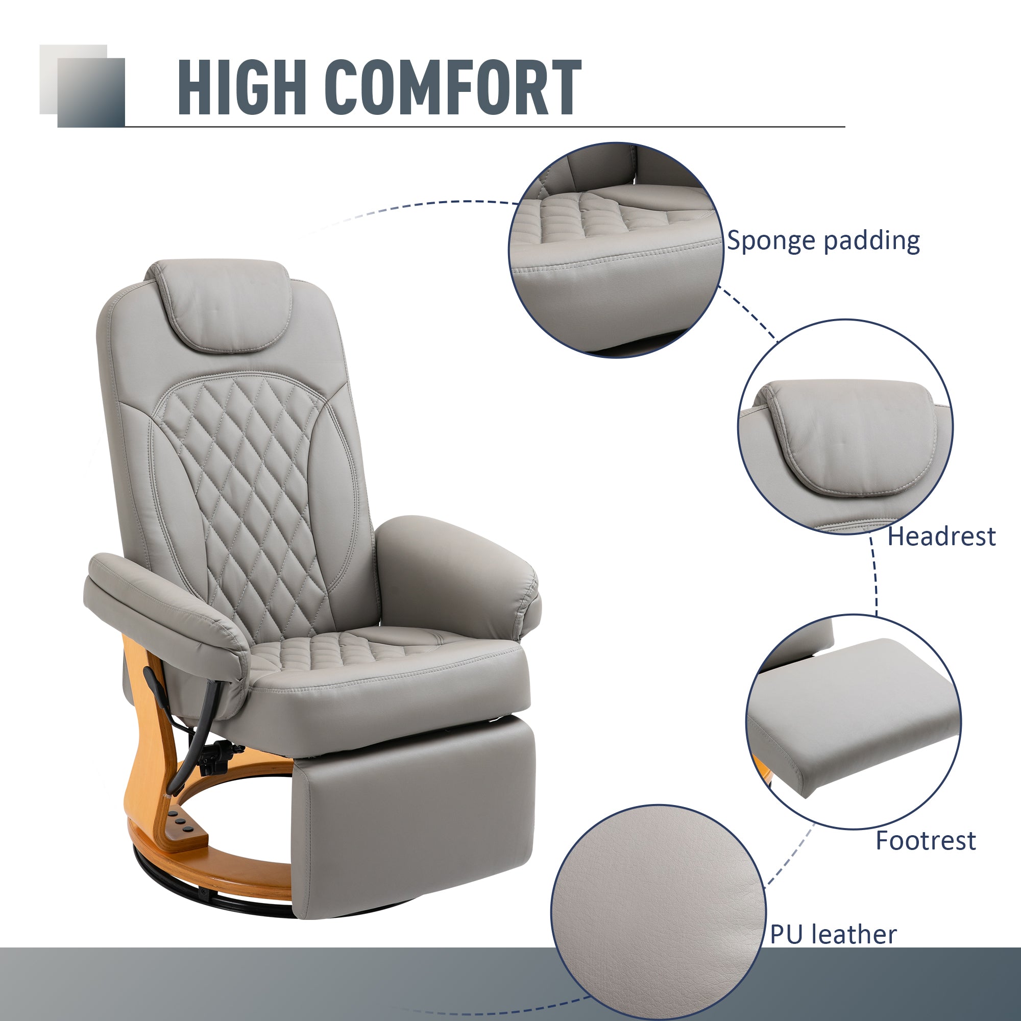 PU Recliner Chair with Footrest, Headrest, Round Wooden Base, Lounge Reading Armchair for Living Room, Bedroom and Office, Grey