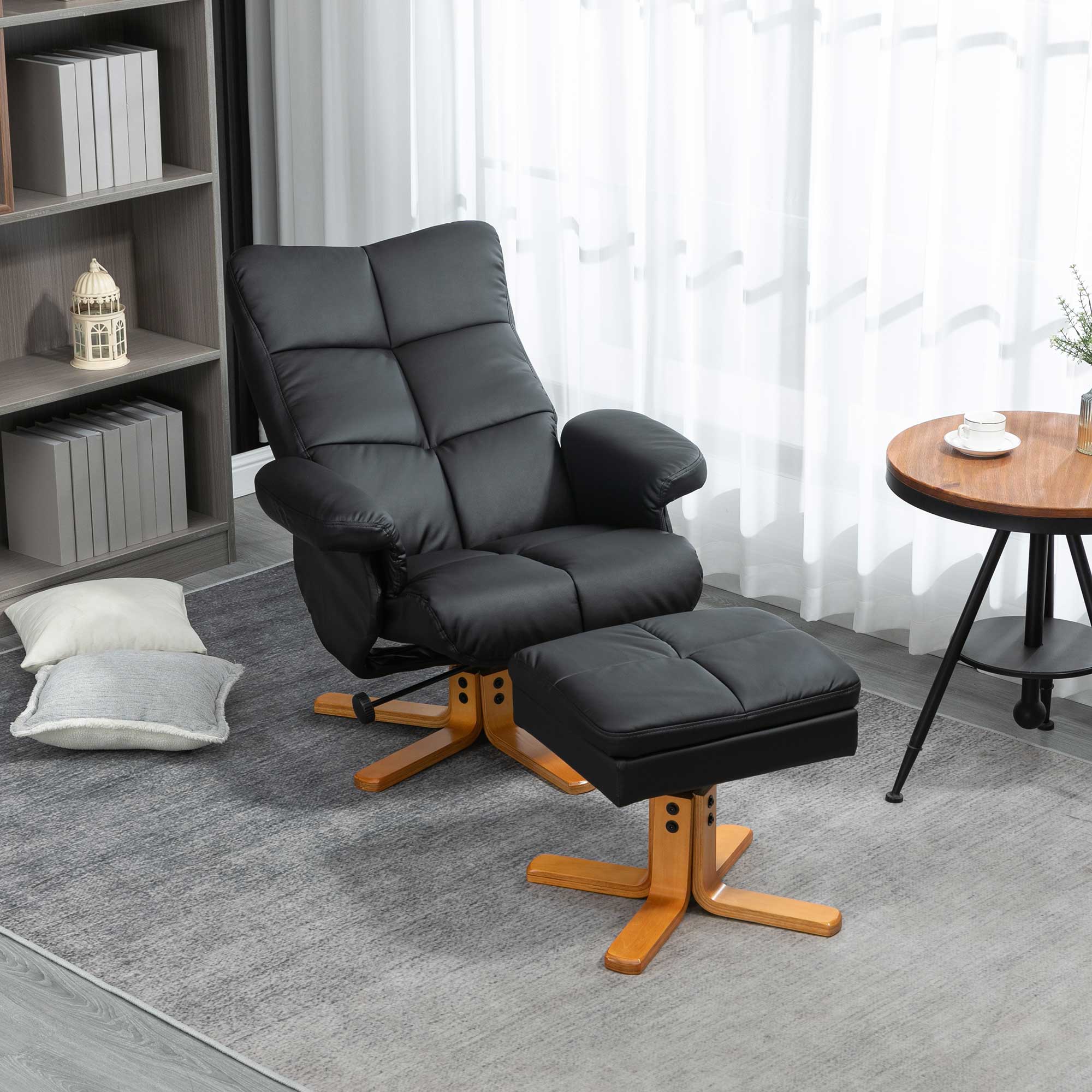 Recliner Armchair, Swivel Reclining Chair With Ottoman, Swivel Faux Leather Chair with Wooden Base and Storage Footstool for Living Room, Black