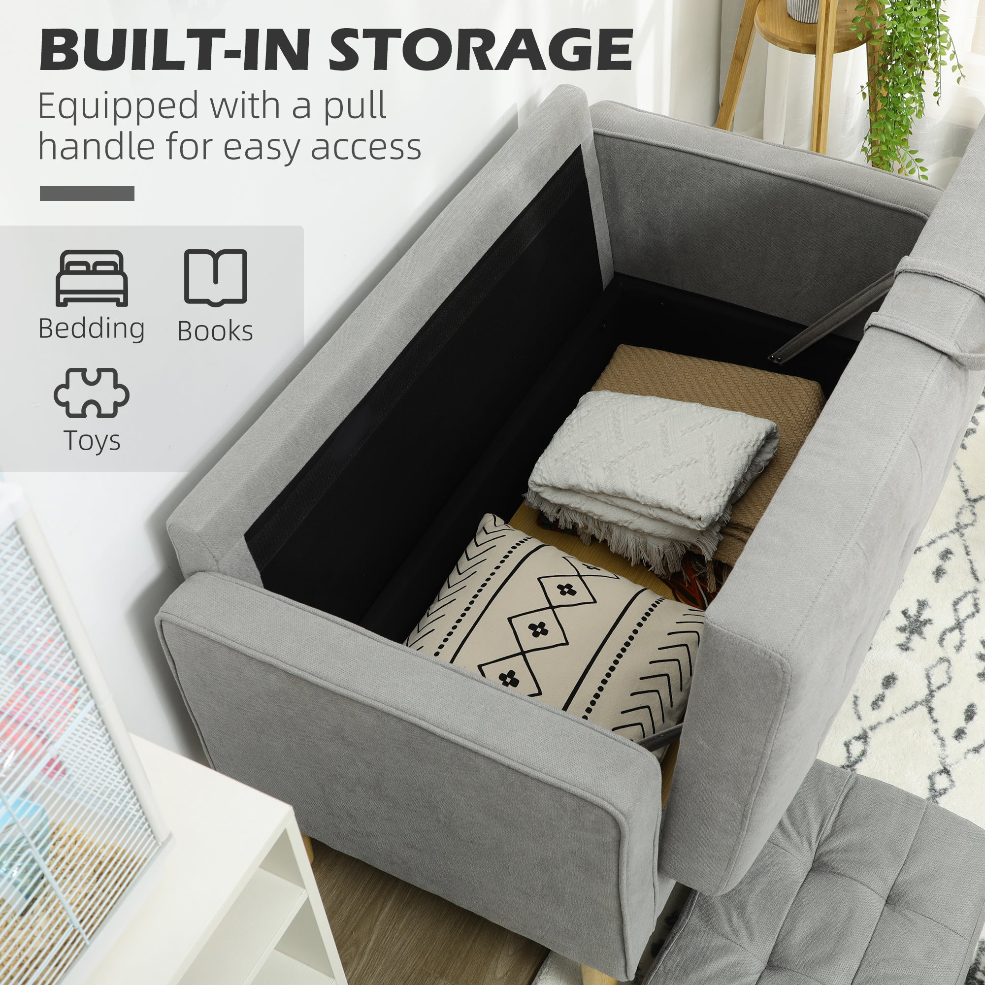 Modern 2 Seater Sofa with Hidden Storage, 117cm Tufted Cotton Couch with Wood Legs, Compact Loveseat for Living Room, Kitchen, Light Grey