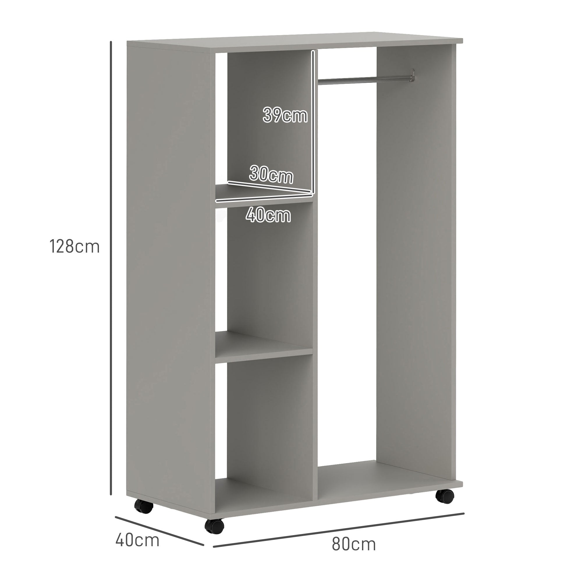 Open Wardrobe on Wheels, Bedroom Wardrobe with Clothes Hanging Rail, 3 Storage Shelves, Mobile Garment Rack for Cloakroom, Hallway, Grey