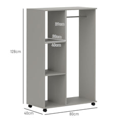 Open Wardrobe on Wheels, Bedroom Wardrobe with Clothes Hanging Rail, 3 Storage Shelves, Mobile Garment Rack for Cloakroom, Hallway, Grey