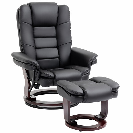 Recliner Chair With footstool, Recliner Armchair up to 130kg Weight Capacity, 135° Reclining Swivel Sofa Chair, PU Leather Ergonomic Couch Bed with Swivel Wood Base for Living Room, Black