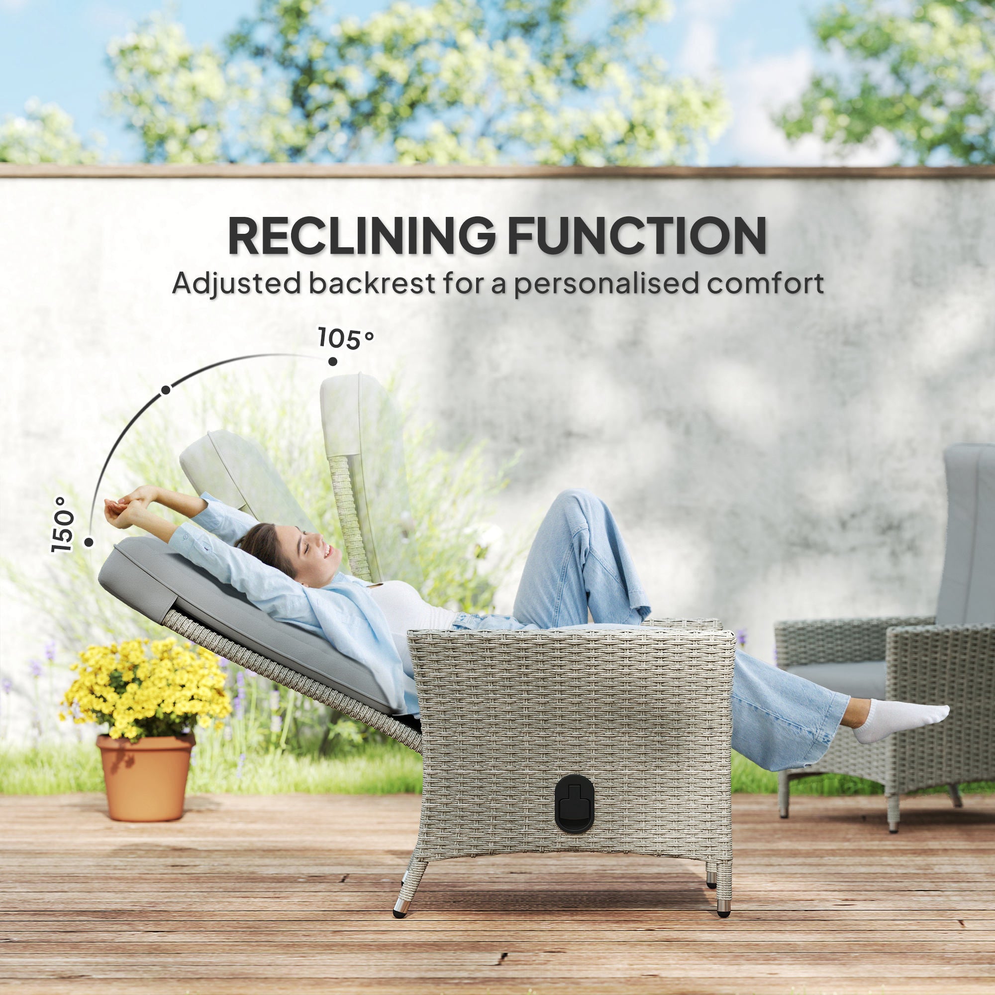 105°-150° Reclining Rattan Chair - Grey