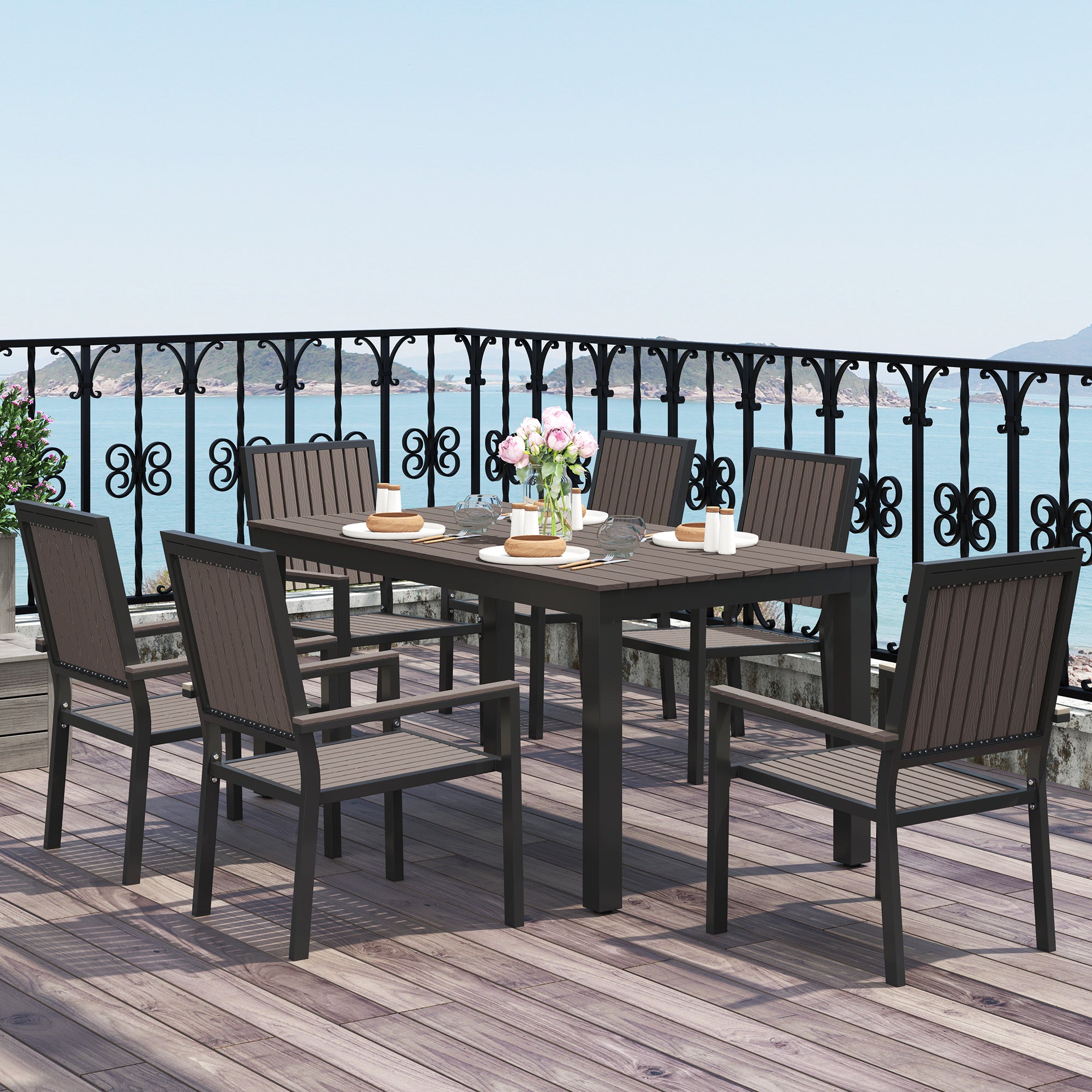 6 Seater Garden Dining Set with Stackable Chairs, Aluminium Frame, Rectangular Plastic Top, Garden Furniture Set, Outdoor Dining Table and Chairs for Patio, Balcony, Poolside, Brown