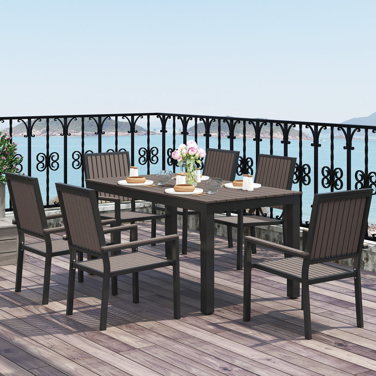 6 Seater Garden Dining Set with Stackable Chairs, Aluminium Frame, Rectangular Plastic Top, Garden Furniture Set, Outdoor Dining Table and Chairs for Patio, Balcony, Poolside, Brown