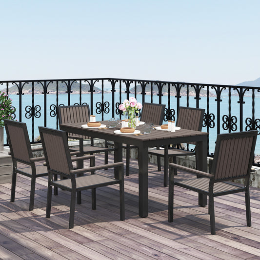 6 Seater Garden Dining Set with Stackable Chairs, Aluminium Frame, Rectangular Plastic Top, Garden Furniture Set, Outdoor Dining Table and Chairs for Patio, Balcony, Poolside, Brown