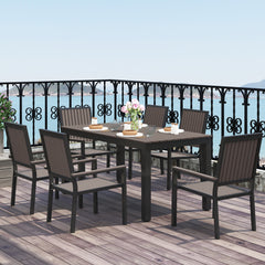 6 Seater Garden Dining Set with Stackable Chairs, Aluminium Frame, Rectangular Plastic Top, Garden Furniture Set, Outdoor Dining Table and Chairs for Patio, Balcony, Poolside, Brown