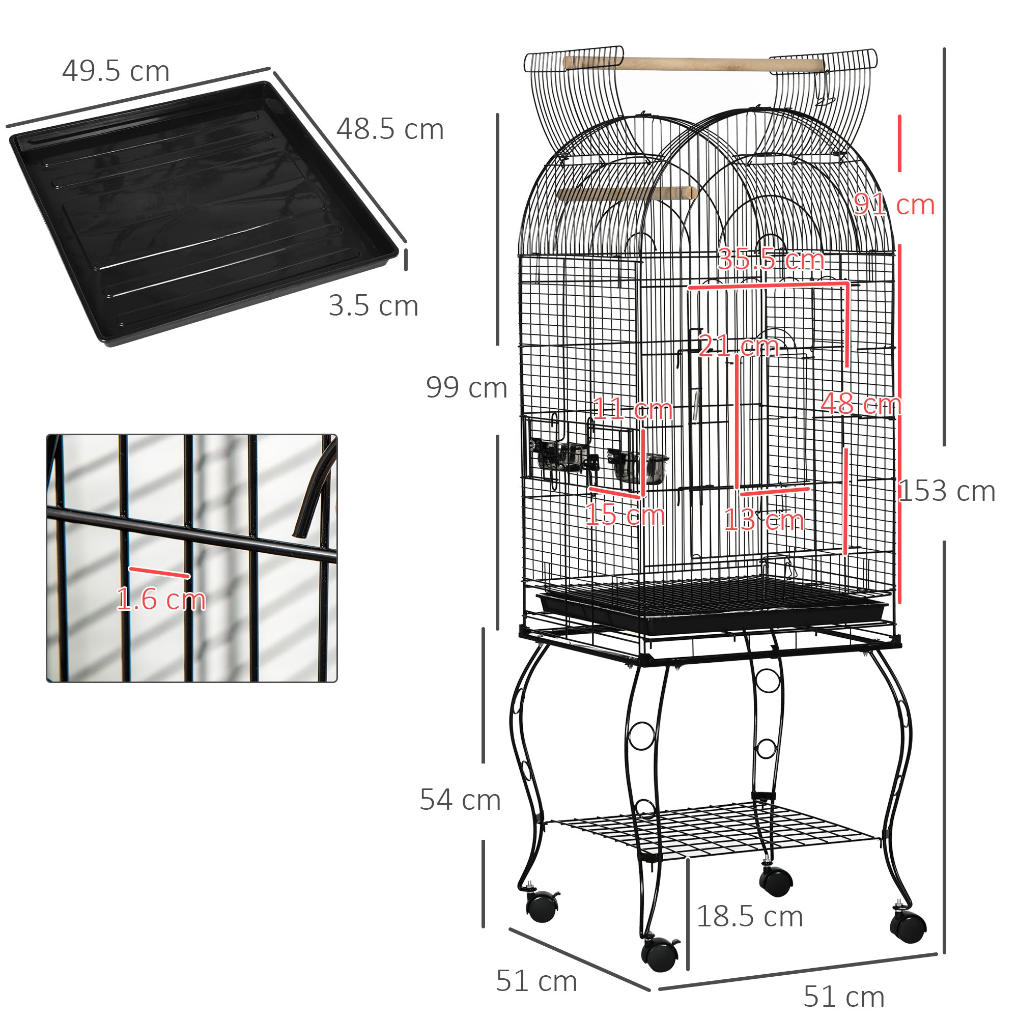 1.53(m) Bird Cage, Pet Viary, Feeding Stand, with Wheels, Perch