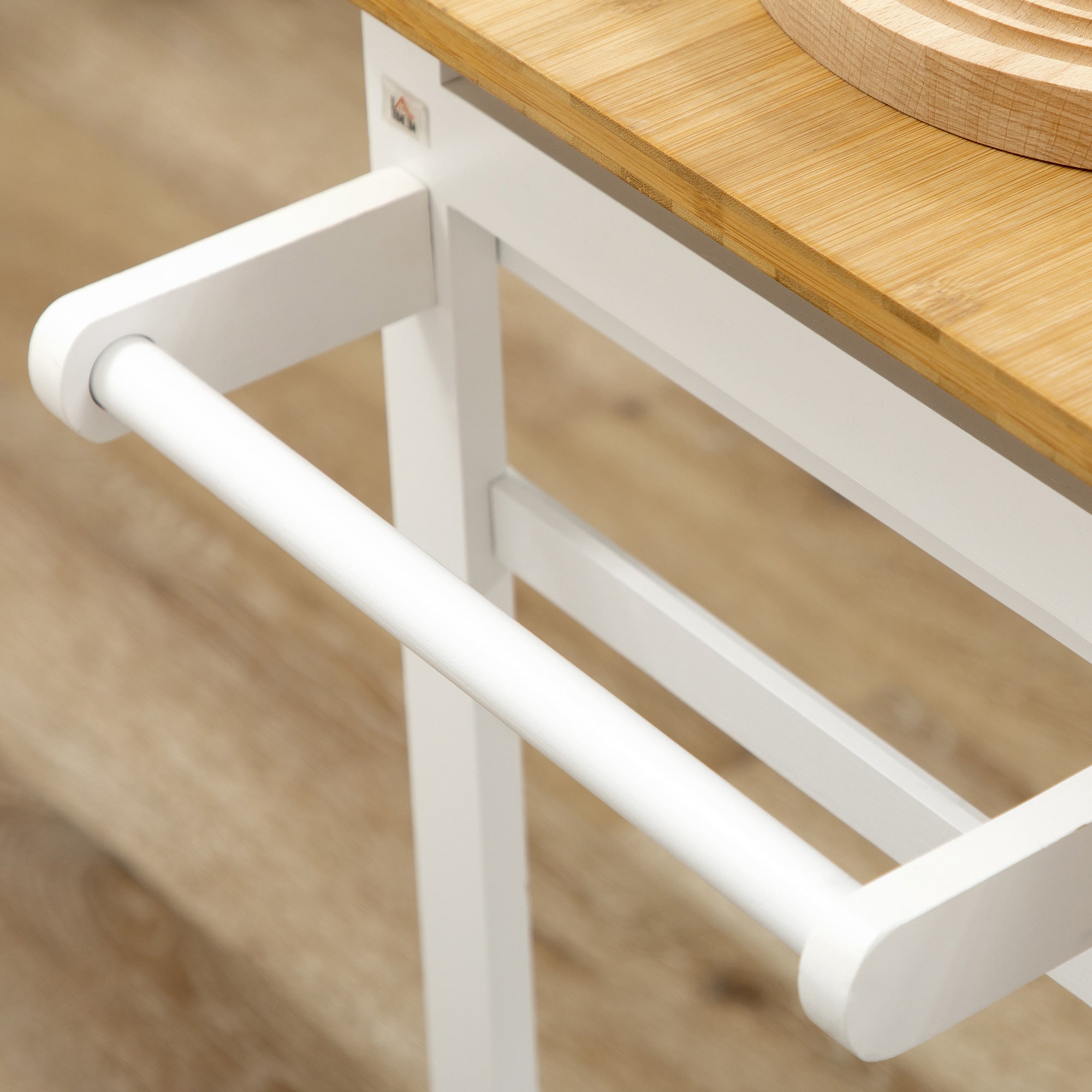 Fynco - Kitchen Island Set with 2 Stools, Bamboo Breakfast Cart with Drop Leaf Top, Drawers and Towel Rack, Rolling Kitchen Cart and Chairs Set, White