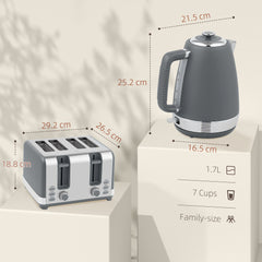 Stainless Steel Kettle and Toaster Set, 1.7L 3000W Rapid Boil Jug Kettle with UK Strix Thermostat, Limescale Filter, 4 Slice Toaster with 7 Browning Controls, Crumb Tray, Grey and Silver Tone