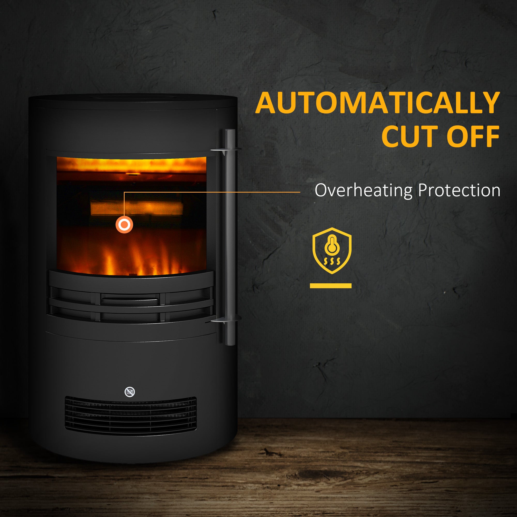 Fynco - 1000W/2000W Freestanding Electric Fireplace, Indoor Heater Fire Stove with Log Burner Effect Flame, Thermostat Control