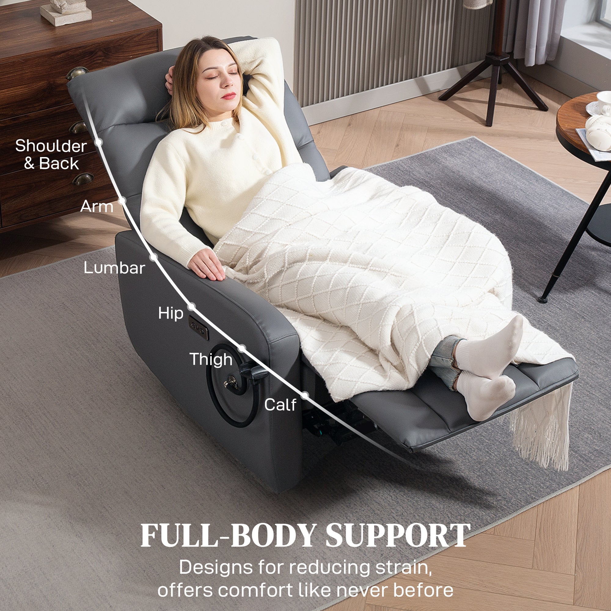 Electric Recliner Armchair with USB + Type C Charge Port, Phone Holder, PU Leather Reclining Chair with Adjustable Leg Rest, Recliner Chair for Home Living Room Theater, Grey