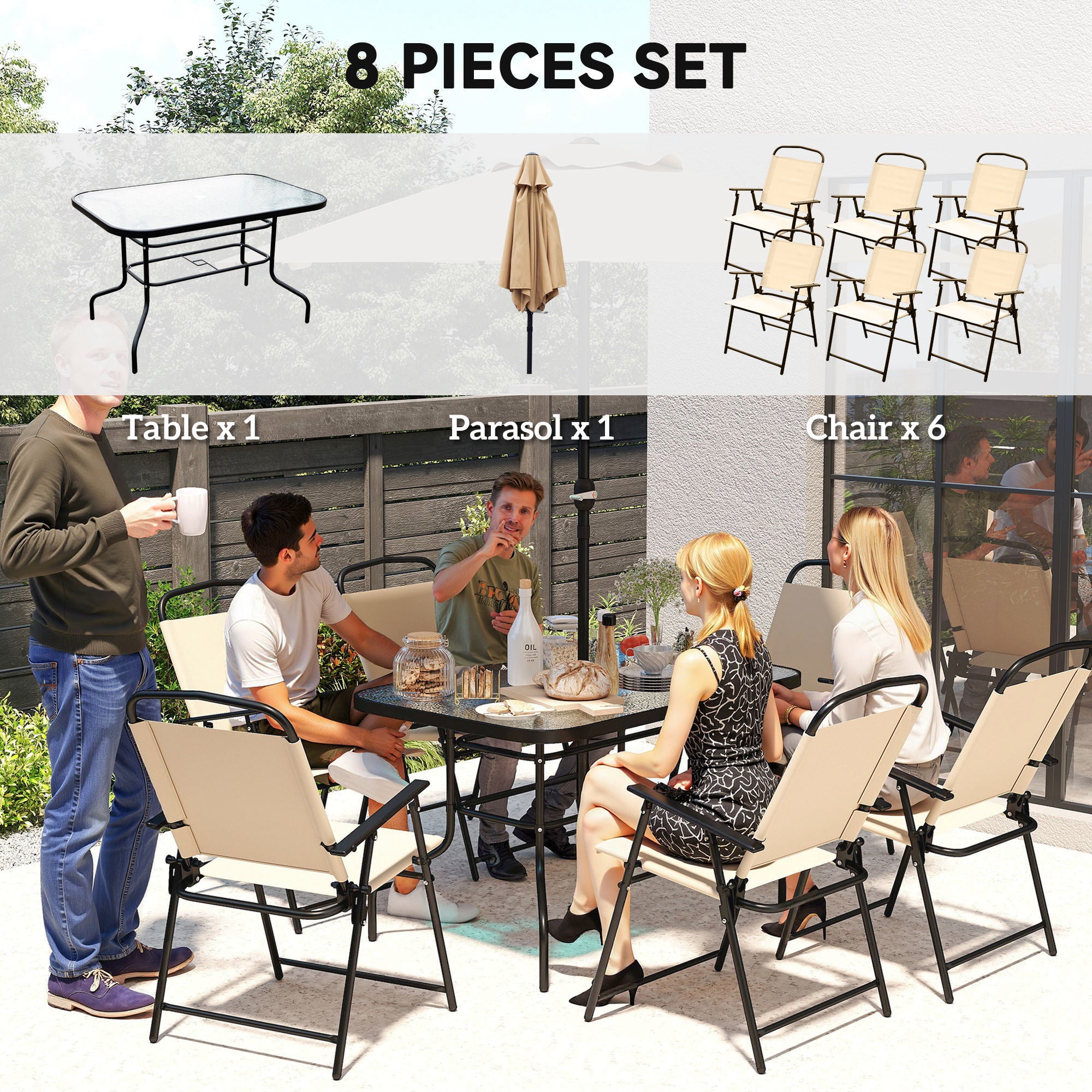 8 Pieces Garden Dining Set with Umbrella, Patio Sets with Parasol with 6 Foldable Chairs, Glass Top Table, and Sun Parasol, Beige