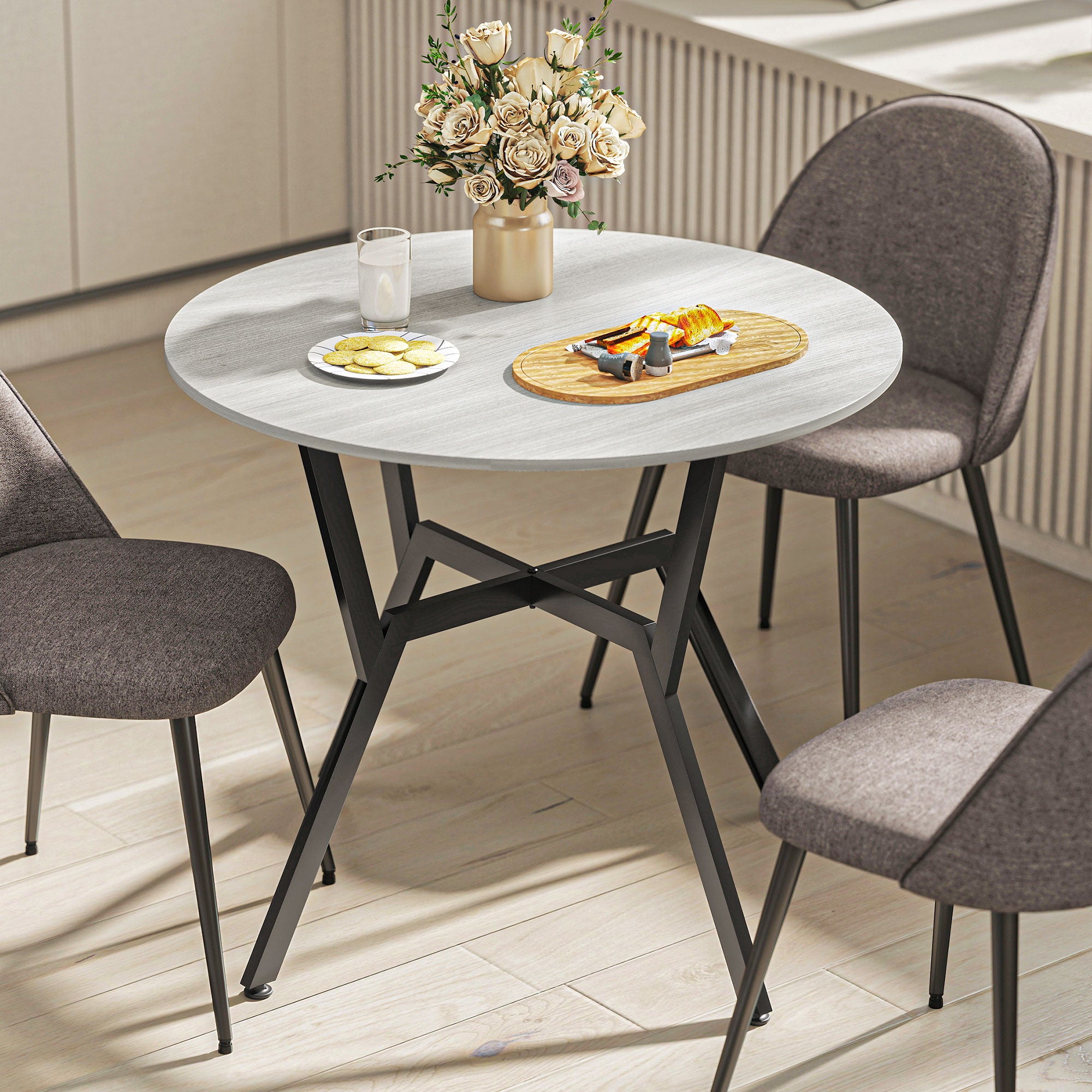 Fynco - Dining Table, Round Kitchen Table with Black Legs, Anti-slip Foot Pads for Living Room, Dining Room 90 x 76 cm, Grey