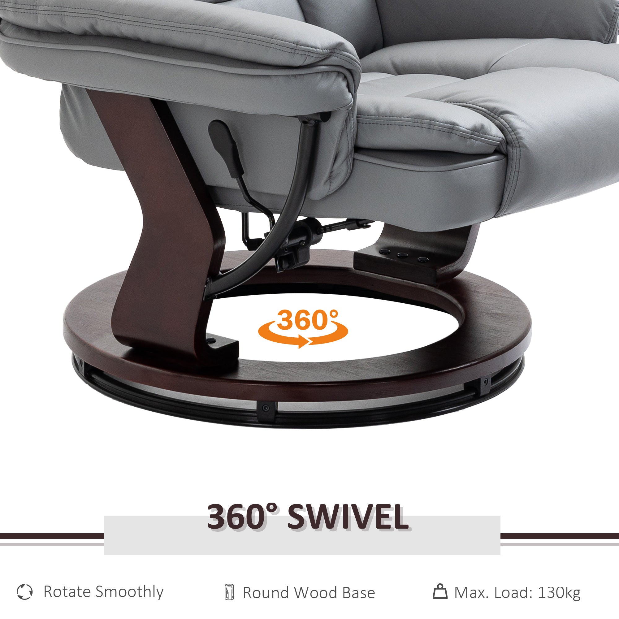 Recliner Chair With footstool, Recliner Armchair up to 130kg Weight Capacity, 135° Reclining Swivel Sofa Chair, PU Leather Ergonomic Couch Bed with Swivel Wood Base for Living Room, Grey