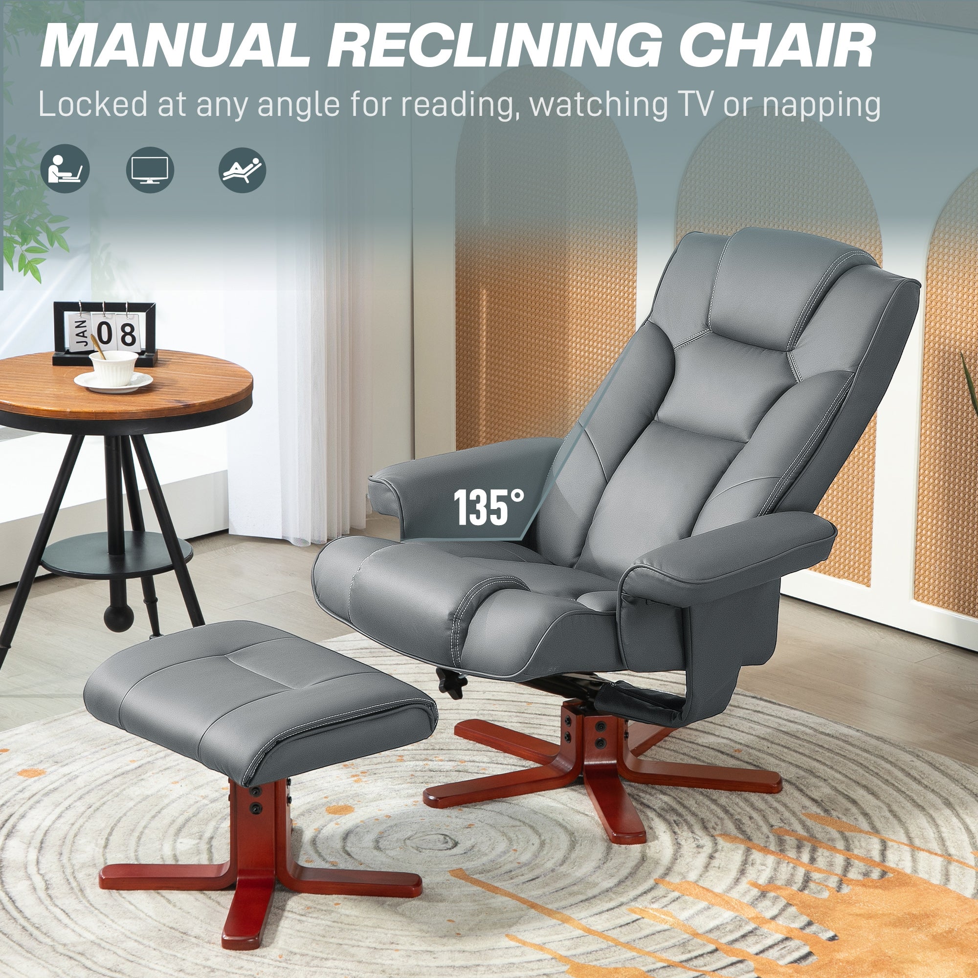 Faux Leather Manual Recliner and Footstool Set - Grey