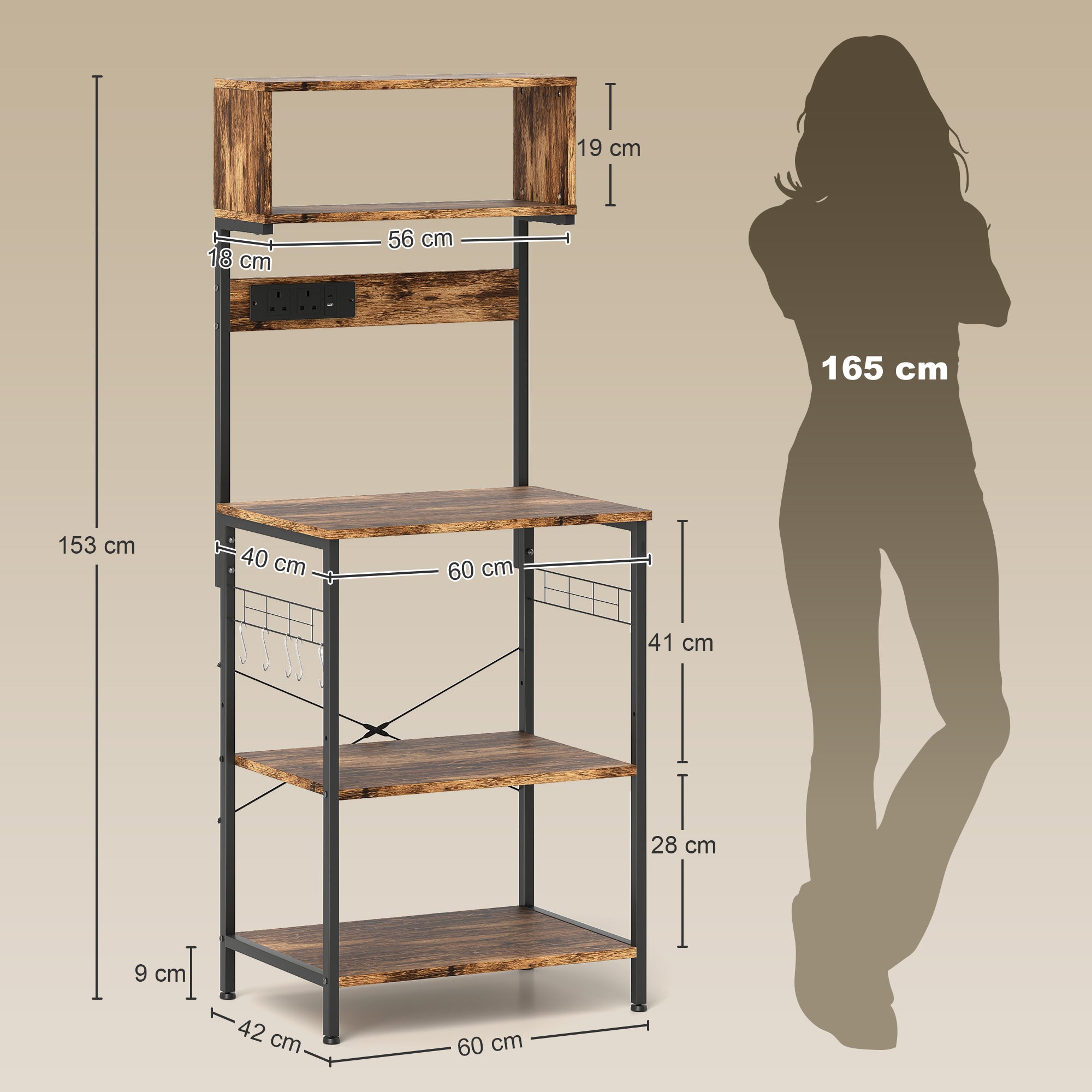 Fynco - Bakers Rack with Power Outlet, USB Charger, Microwave Stand with Adjustable Shelves, 5 Hooks for Small Spaces, Kitchen Storage Unit for Spices, Pots and Pans, Rustic Brown