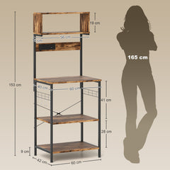 Fynco - Bakers Rack with Power Outlet, USB Charger, Microwave Stand with Adjustable Shelves, 5 Hooks for Small Spaces, Kitchen Storage Unit for Spices, Pots and Pans, Rustic Brown