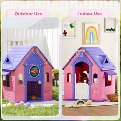 AIYAPLAY 5-in-1 Playhouse for Kids Outdoor Indoor with Basketball Hoop, Football Goal, Dartboard, Ring Toss for 2-5 Years, Pink