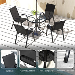 Five-Piece Steel Patio Set, with Glass-Top Table - Black