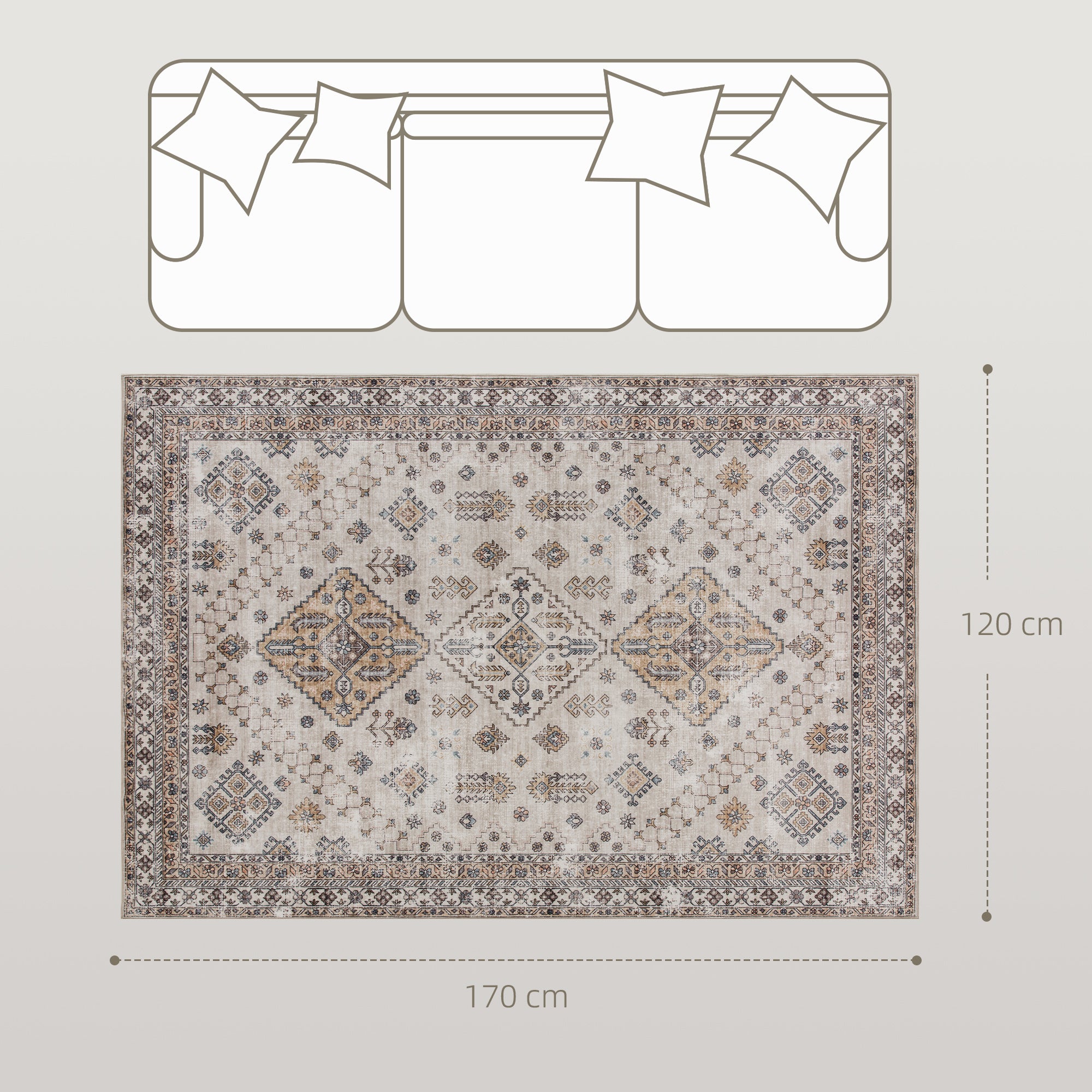 Fynco - Vintage Area Rug, Non-Slip Washable Rug, Flannel Floor Carpet for Living Room, Bedroom, Dining Room, Home Office, 170 x 120 cm, Beige