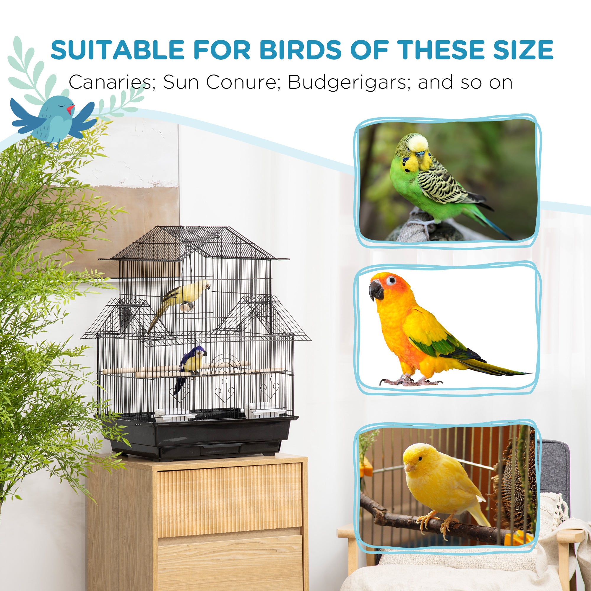 Metal Bird Cage with Plastic Swing Perch Food Container Tray Handle for Finch Canary Budgie 43.5 x 33 x 63 cm, Black