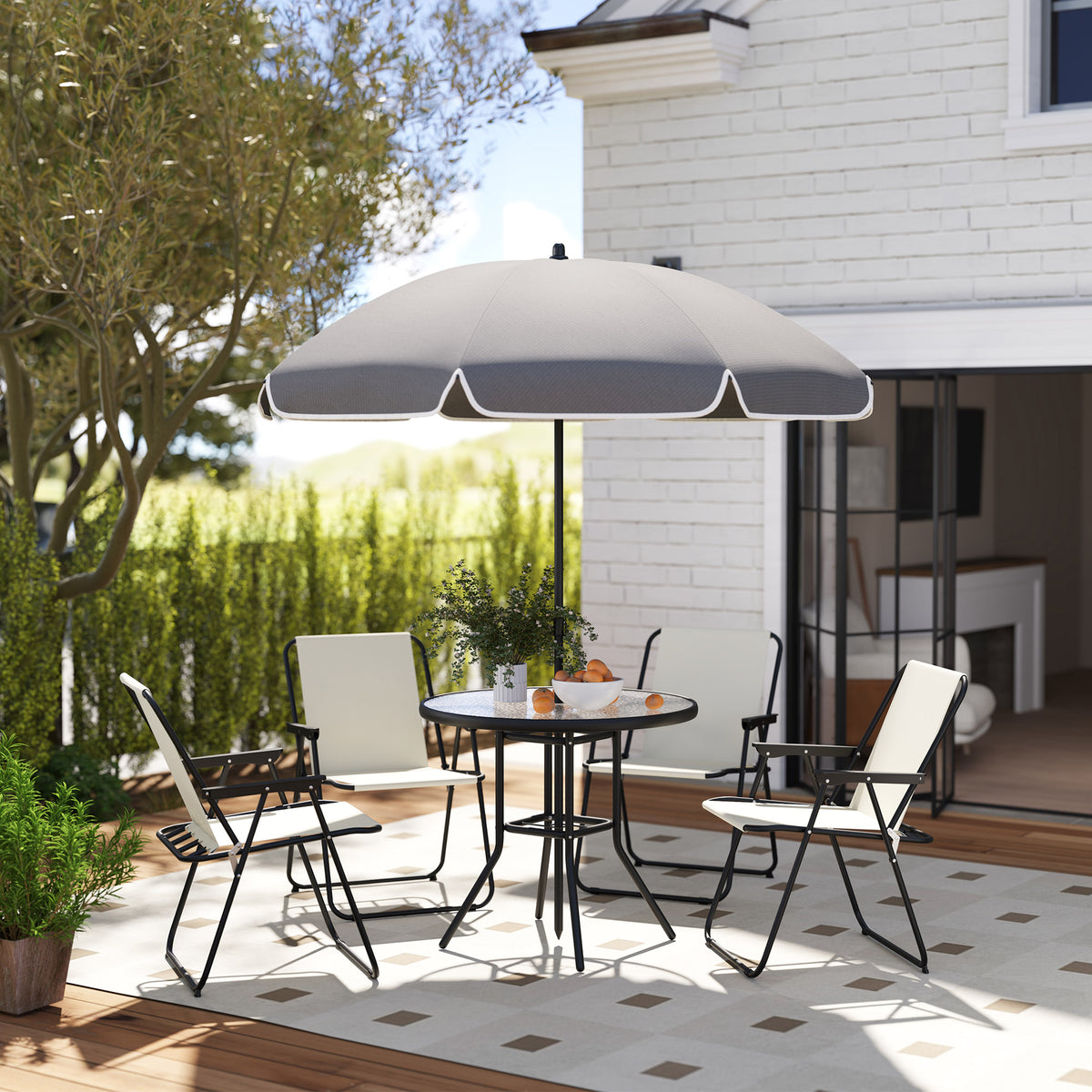4 Seater Garden Furniture Set, 6 Pieces Garden Table and Chairs with Parasol, Outdoor Garden Dining Set with Folding Chairs and Round Glass Top Table for Patio, Cream White