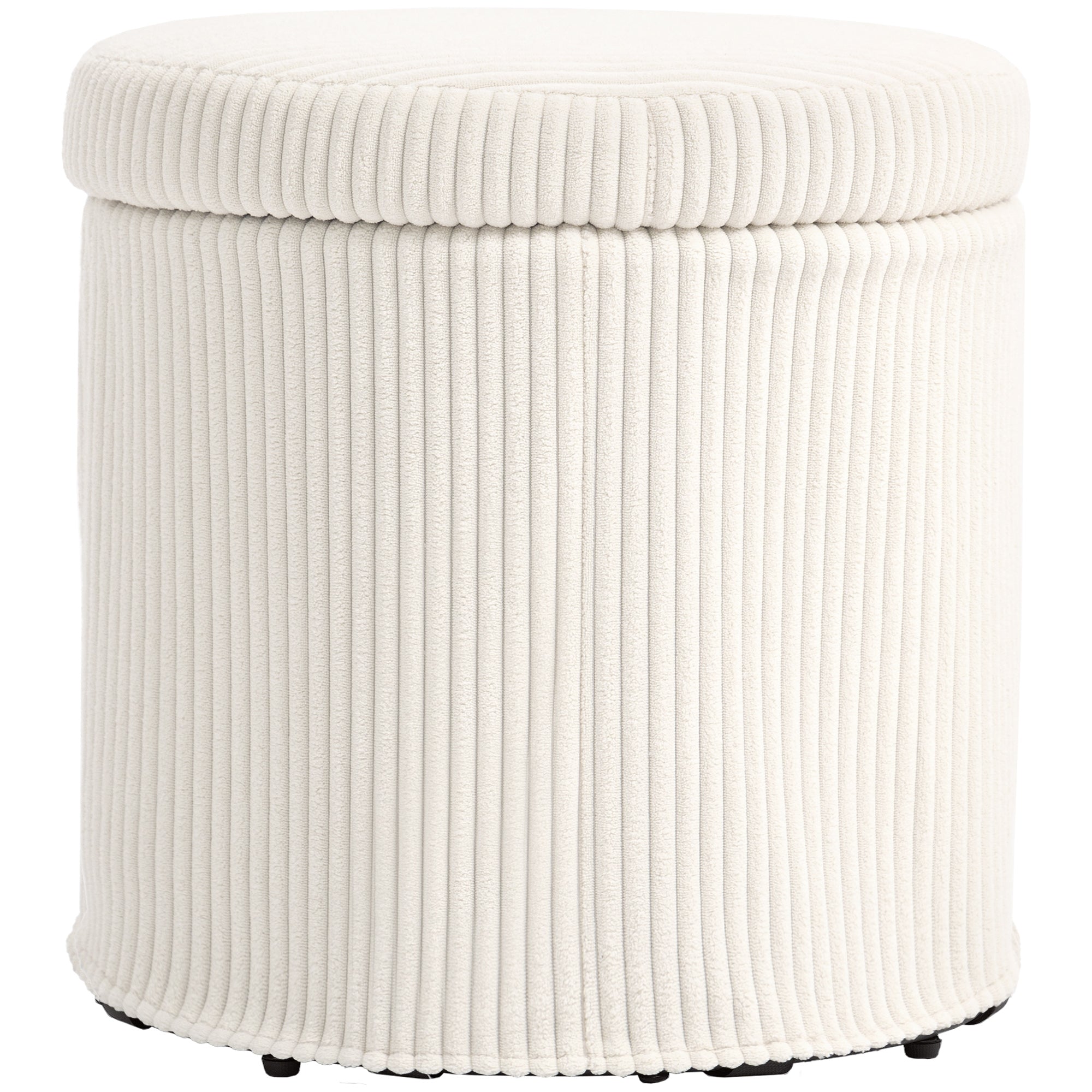 40cm Round Storage Ottoman, Corduroy Footstool with Removable Lid and Legs, Vanity Stool for Living Room, Bedroom, Beige