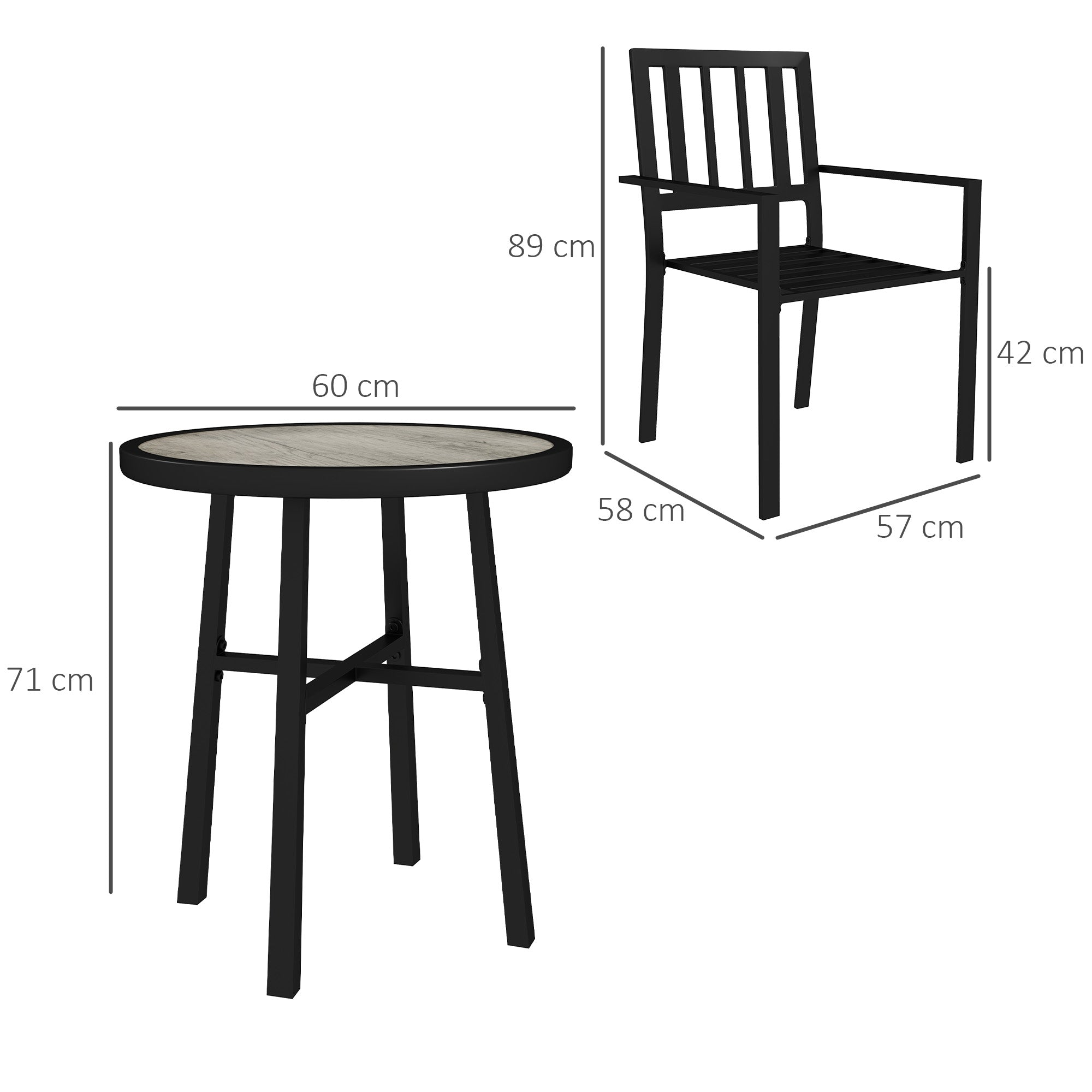 3 Piece Patio Bistro Set with Plastic Top, 2 Stackable Chairs, Galvanised Steel Frame, Grey