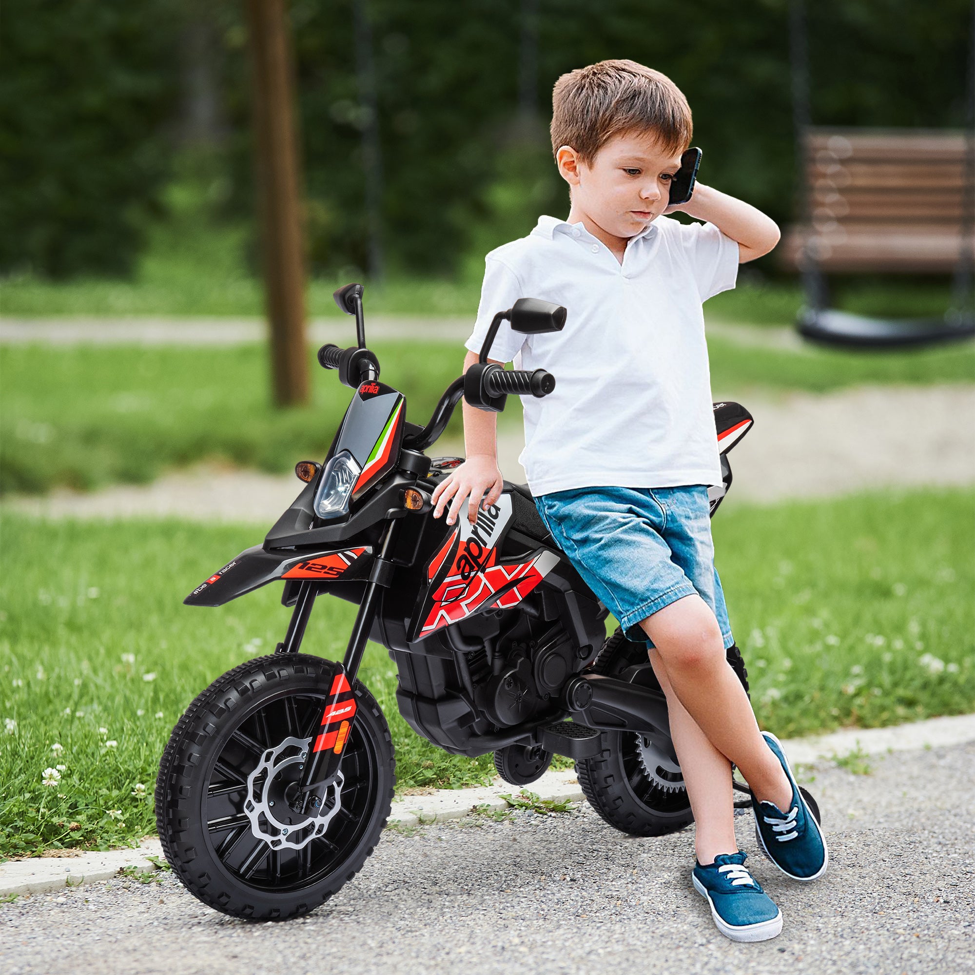 AIYAPLAY 12V Aprilia Licensed Kids Motorbike with Training Wheels, Spring Suspension, LED Headlight, USB, Music, Red/Black