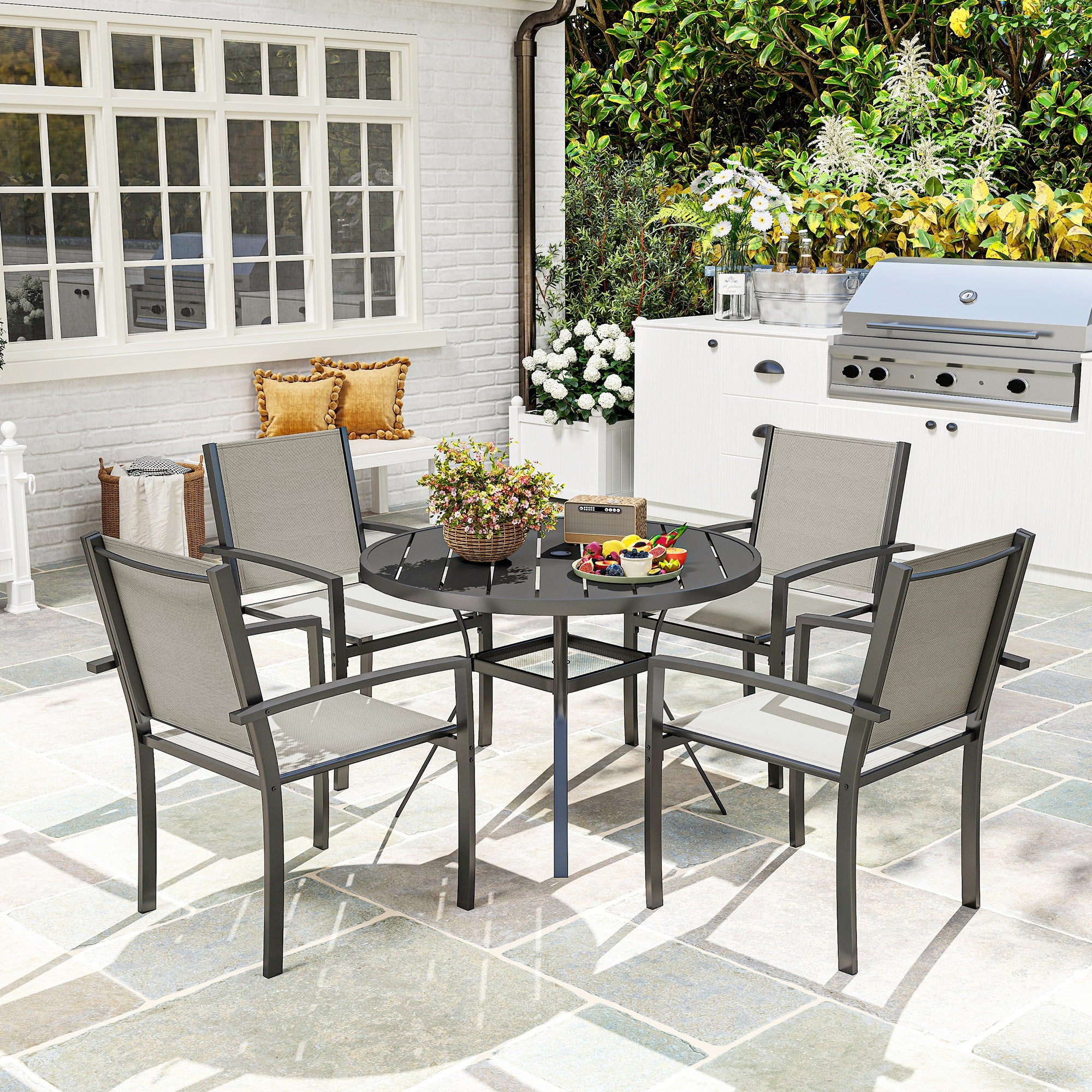 5 Piece Garden Furniture Set, Garden Dining Set with Round Table and 4 Stackable Chairs, Steel Frame, for Outdoor, Patio, Terraces, Dark Grey